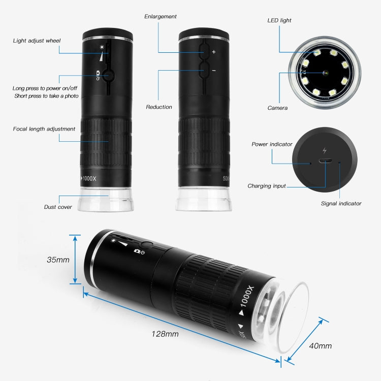 Microscopio digitale 1000X HD 1080P WiFi con 8 LED