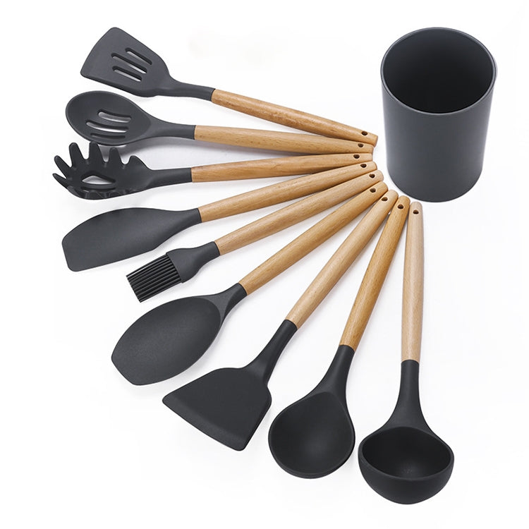 Set utensili cucina silicone e legno 9 in 1 con secchio