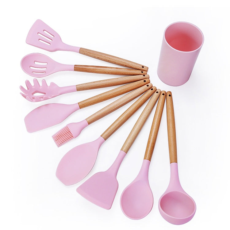 Set utensili cucina silicone e legno 9 in 1 con secchio