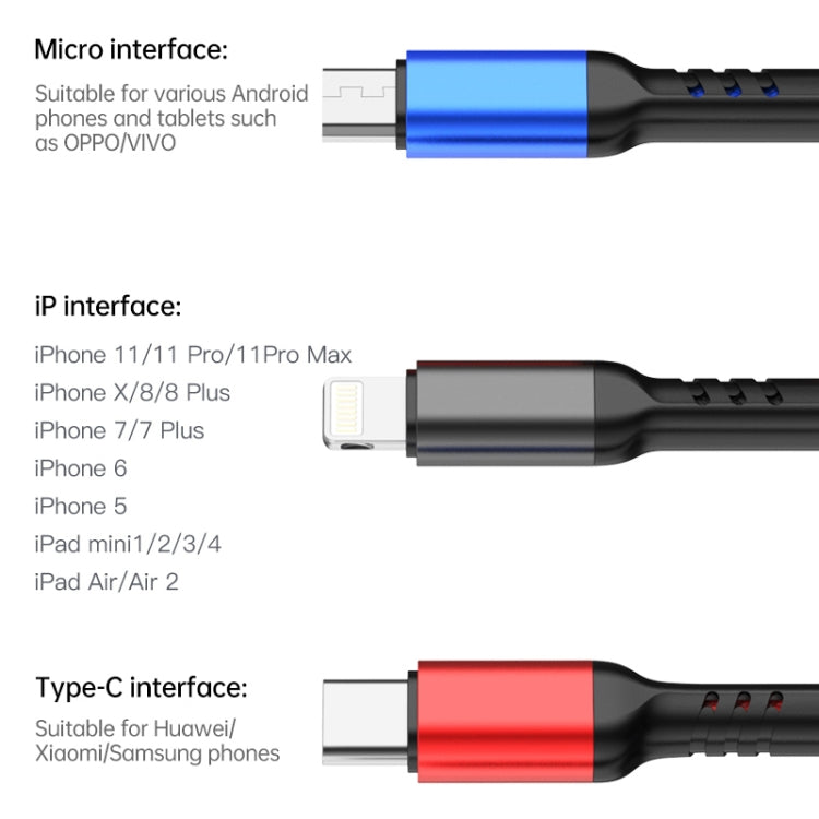Cavo ricarica 3 in 1 USB A 8 pin Micro USB Type-C 1,2m