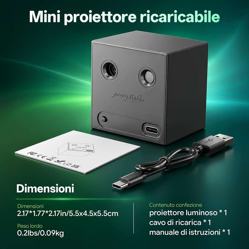 Mini proiettore natalizio rosso e verde ricaricabile USB-C - immagine 4