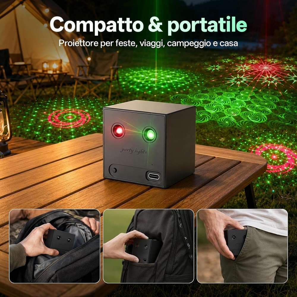 Mini proiettore natalizio rosso e verde ricaricabile USB-C - immagine 5