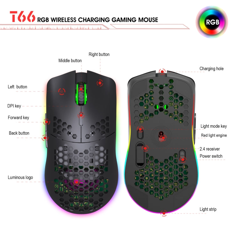 Mouse gaming wireless HXSJ T66 bianco, 7 tasti RGB - immagine 12