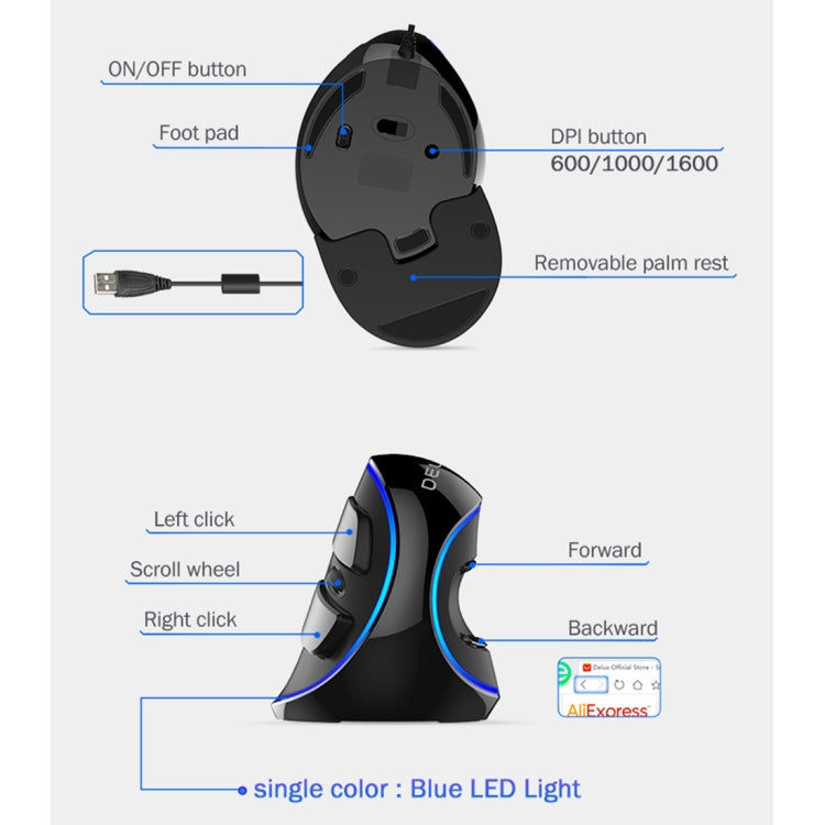 Mouse verticale cablato DELUX M618 Plus con DPI regolabili - immagine 5