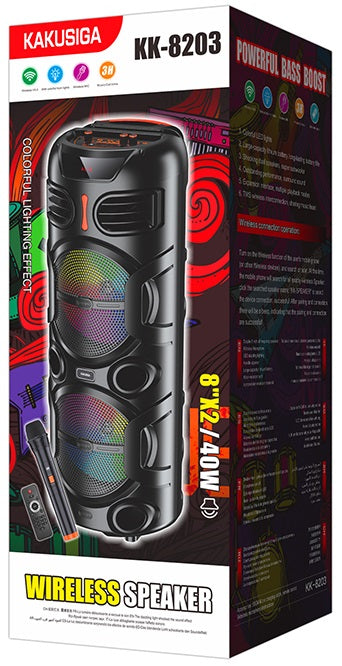 Cassa acustica portatile ricaricabile 2x8" 40W Luce LED Bluetooth/USB KK-8203Cassa acustica portatile ricaricabile 2x8" 40W Luce LED Bluetooth/USB KK-8203
