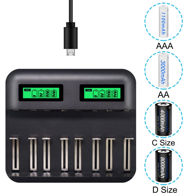 Caricabatterie USB 8 slot con display per batterie AA, AAA, C e D - immagine 4