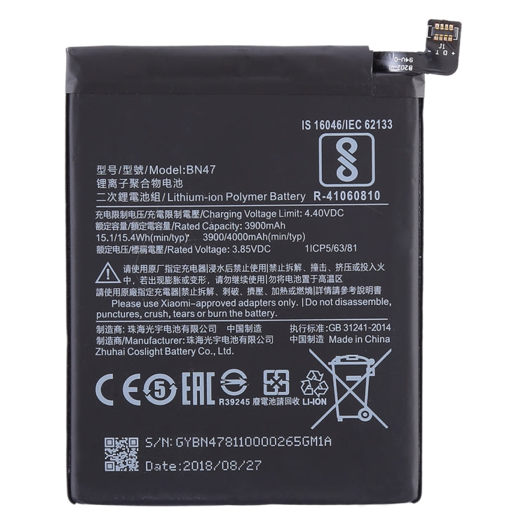 Batteria ai polimeri di litio 3900mAh BN47 per Xiaomi Redmi 6 Pro