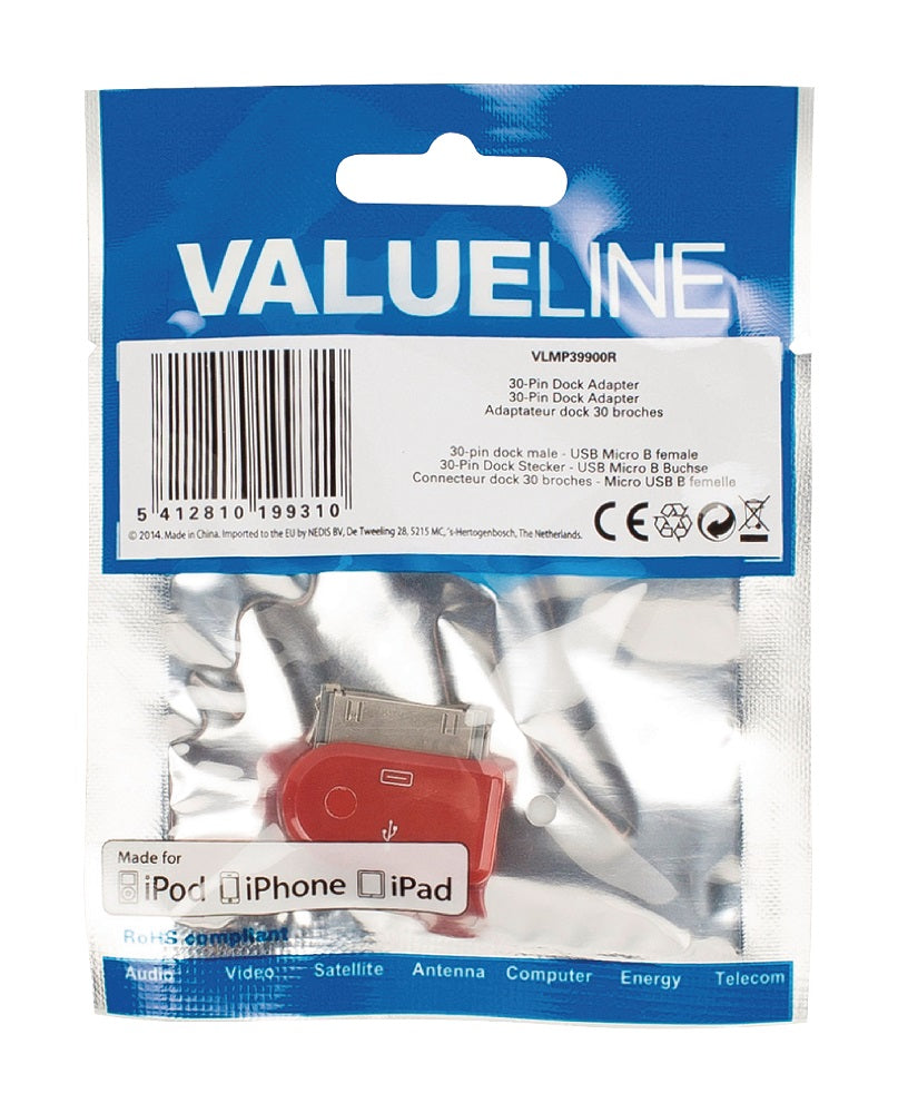 Adattatore 30-Pin Dock Apple a USB Micro B Femmina Rosso