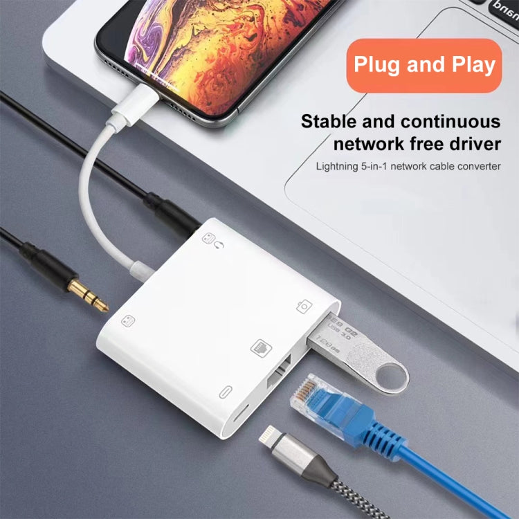 Adattatore 5 in 1 8 Pin maschio a USB 3.0, RJ45 e jack 3.5mm