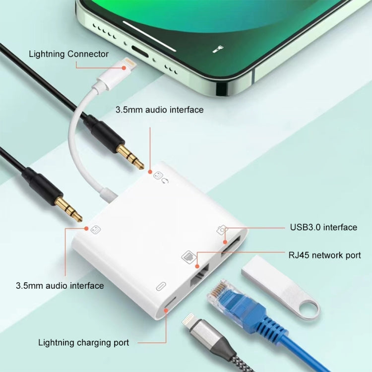 Adattatore 5 in 1 8 Pin maschio a USB 3.0, RJ45 e jack 3.5mm