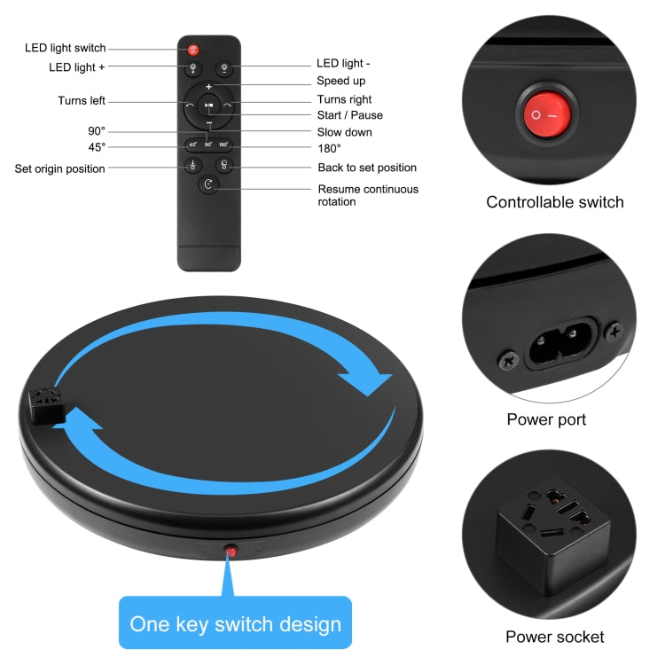PULUZ Espositore per giradischi rotante con regolazione della velocità da 45 cm, con presa di corrente, nero, carico 100 kg, 45cm Load 100kg Black US Plug with Power Socket, 45cm Load 100kg Black UK Plug with Power Socket                               ...
