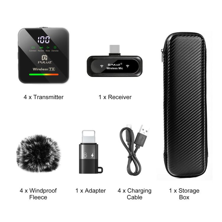 Microfono lavalier wireless PULUZ 4 TX + 1 RX, Type-C 4 TX + 1 RX