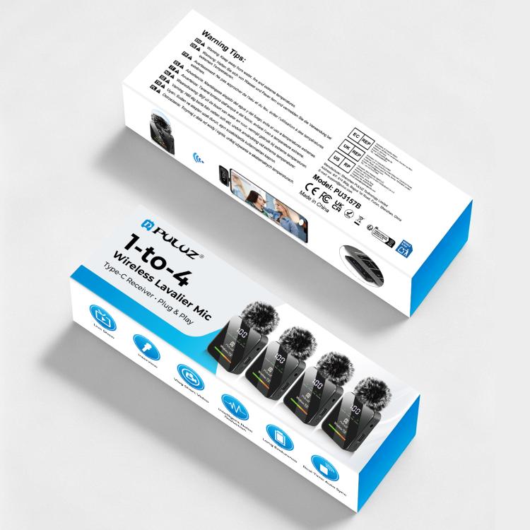 Microfono lavalier wireless PULUZ 4 TX + 1 RX, Type-C 4 TX + 1 RX