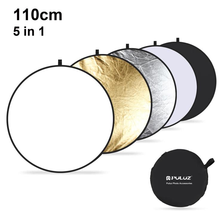 PULUZ 110 cm 5 in 1 (Argento/Traslucido/Oro/Bianco/Nero) Pannello riflettente pieghevole per studio fotografico, 110cm Reflector(AE), 110cm Reflector