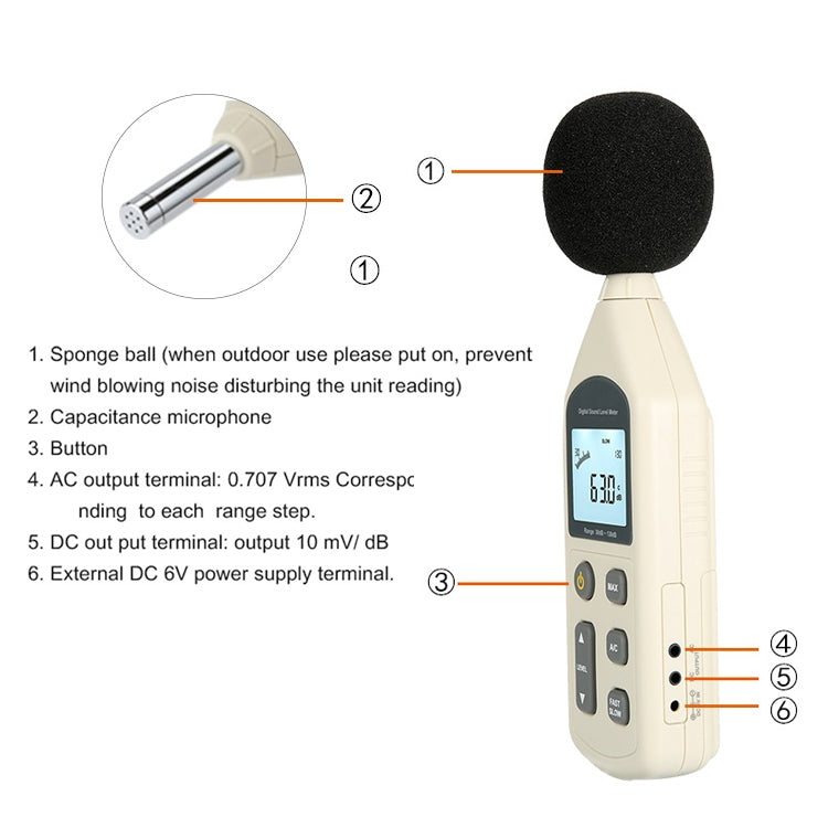 Fonometro digitale 30-130 dB con microfono capacitivo da 1/2 pollice - immagine 5