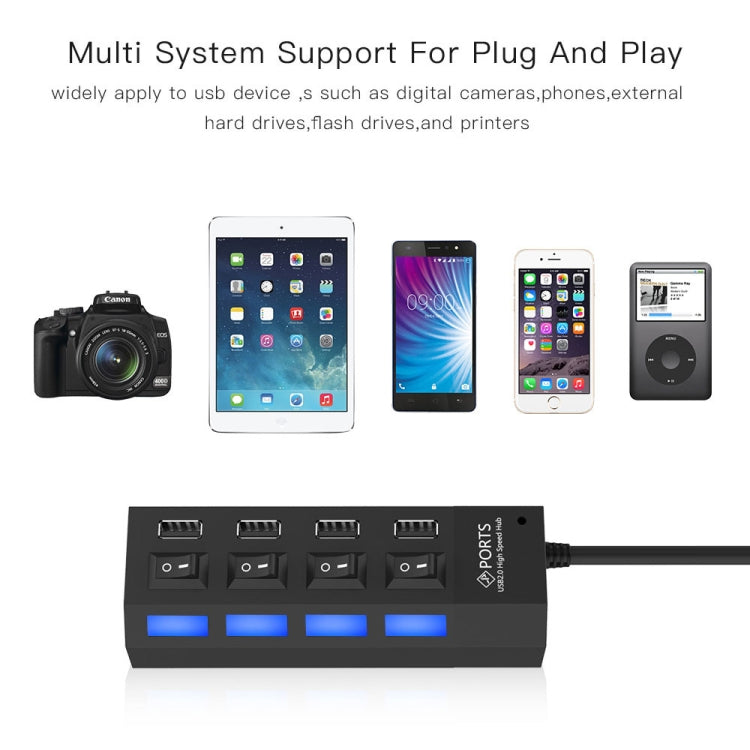Hub USB 2.0 a 4 porte con interruttore ON/OFF e LED nero
