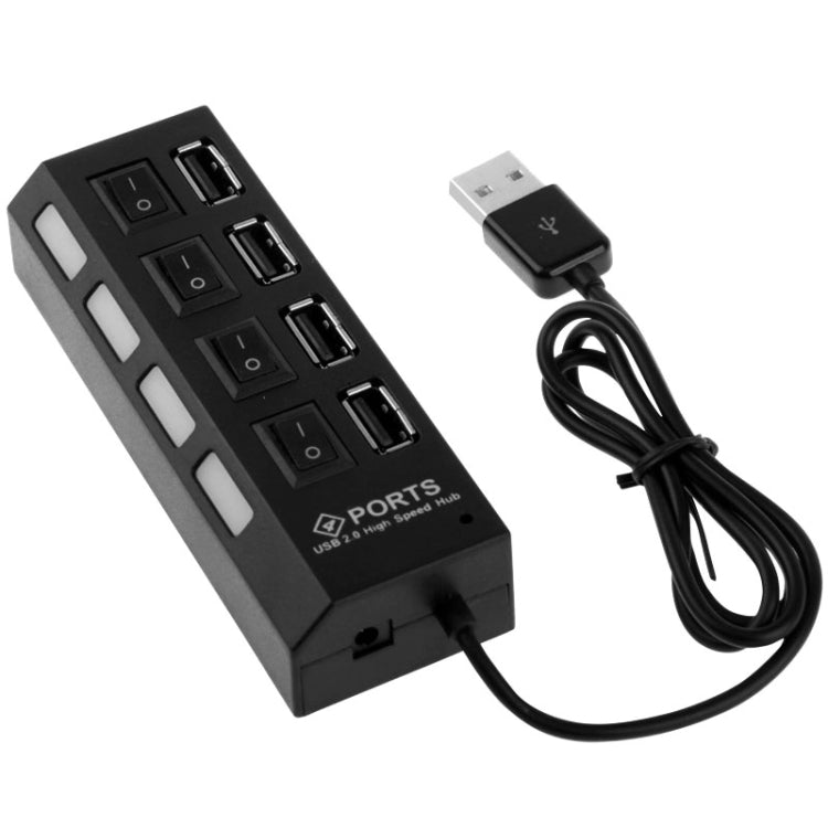 Hub USB 2.0 a 4 porte con interruttore ON/OFF e LED nero