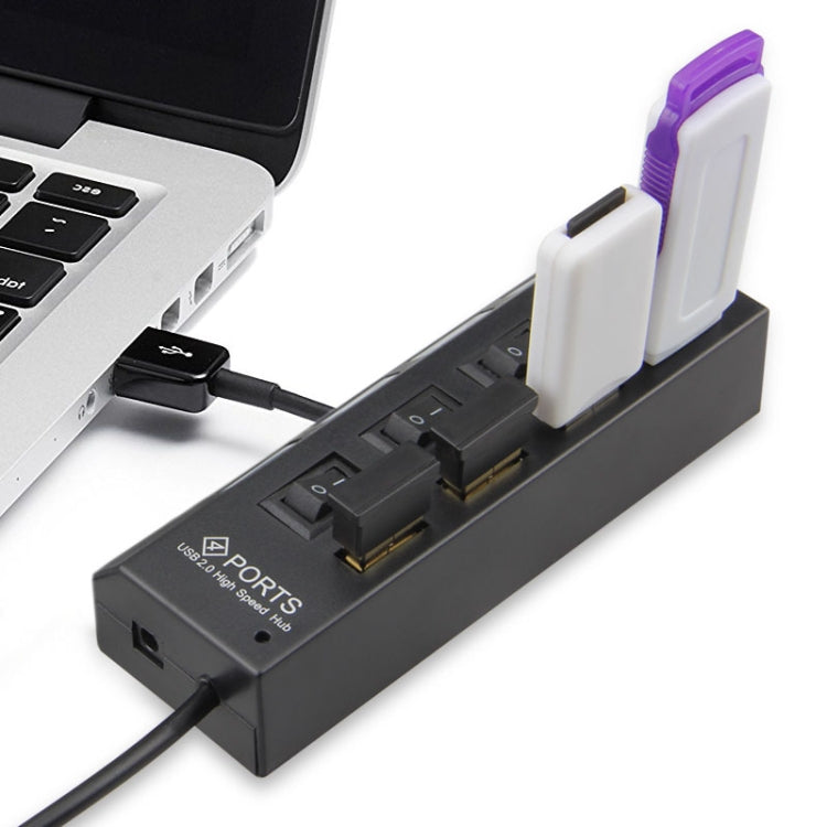 Hub USB 2.0 a 4 porte con interruttore ON/OFF e LED nero