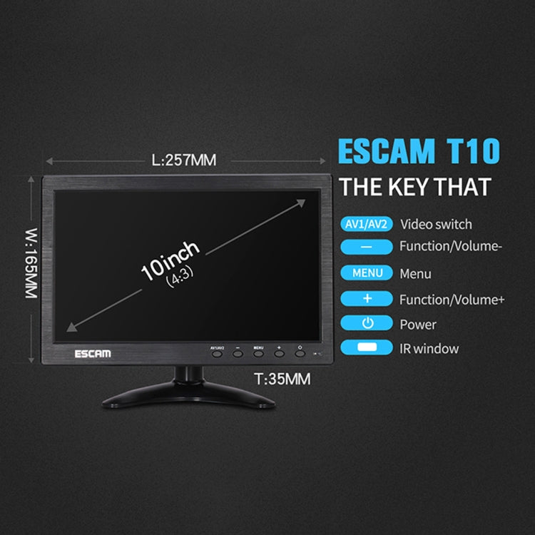 Monitor ESCAM T10 10" LCD TFT 1024x600 con VGA HDMI USB