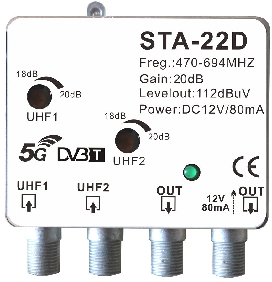 Amplificatore da palo TV WEB STA-22D, 2 ingressi UHF e filtro 5G