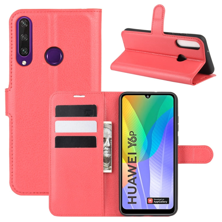 Per Huawei Y6p Litchi Texture Custodia protettiva a vibrazione orizzontale con supporto e slot per schede e portafoglio, For Huawei Y6p