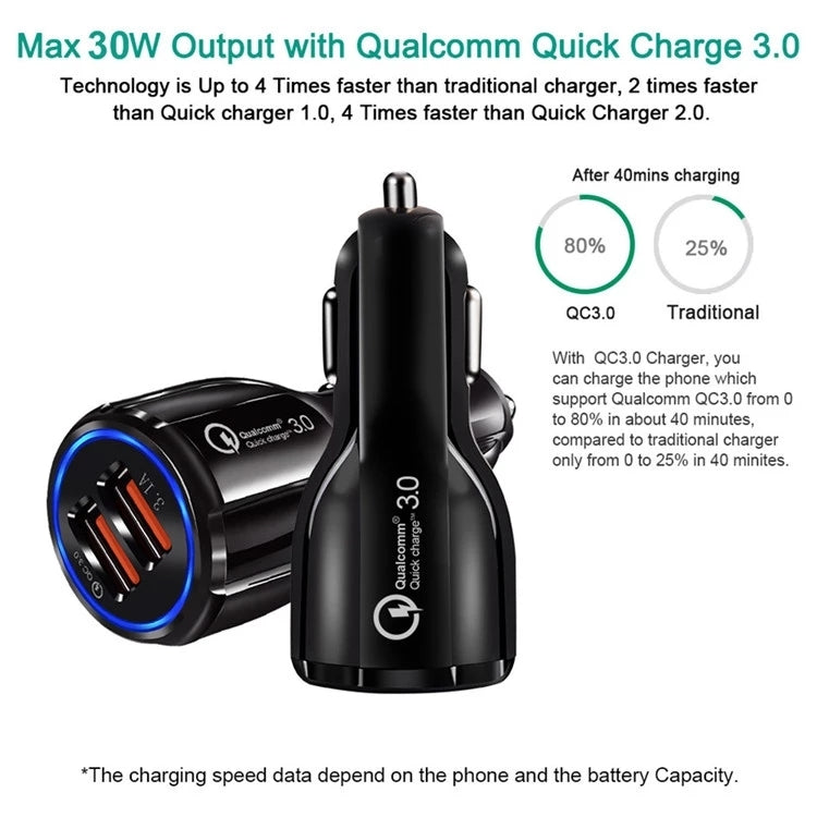 Caricabatteria auto doppio USB QC3.0 con cavi 8 pin