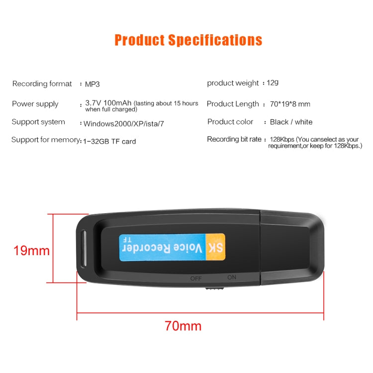 Registratore Vocale Digitale USB Portatile 32GB Ricaricabile