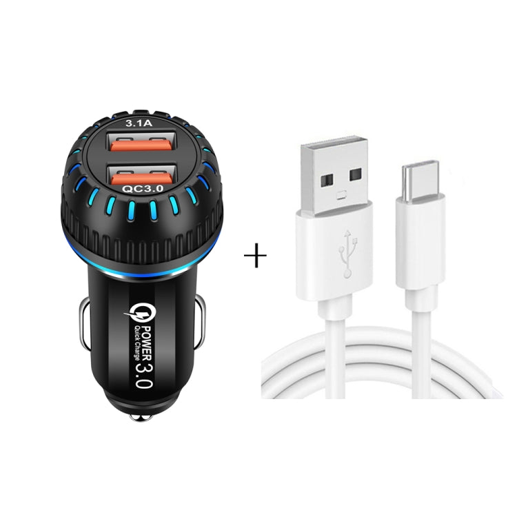 Caricabatteria auto USB doppia porta QC3.0 con cavo Type-C 1m