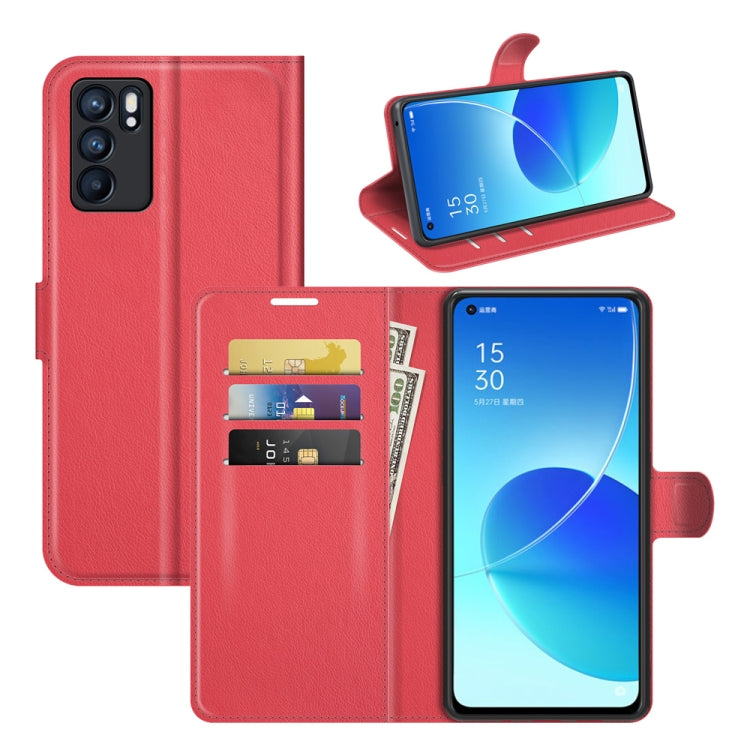 Per OPPO Reno6 5G Litchi Texture Custodia protettiva a vibrazione orizzontale con supporto e slot per schede e portafoglio, For OPPO Reno6 5G