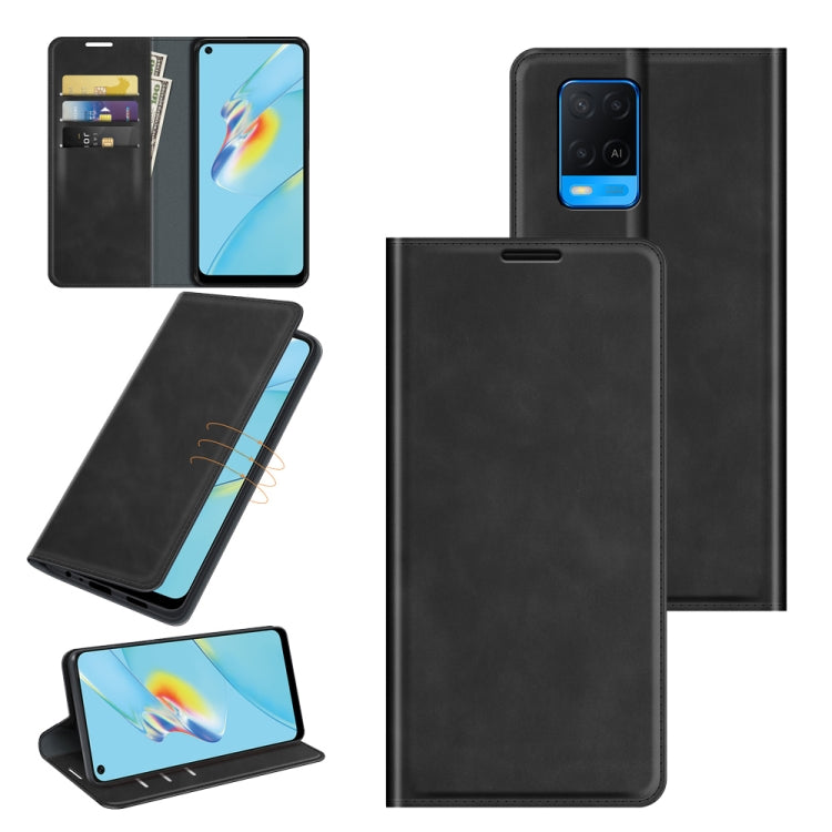 Per OPPO A54 4G Custodia in pelle con ventosa magnetica per affari retro-pelle con supporto e slot per schede e portafoglio, For OPPO A54 4G