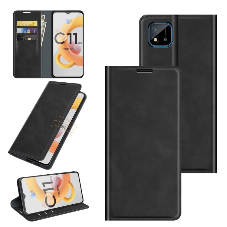 Per OPPO Realme C11 2021 Custodia in pelle con ventosa magnetica per affari retro-pelle con supporto e slot per carte e portafoglio