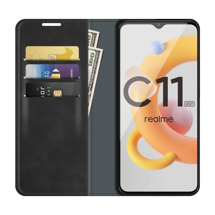 Per OPPO Realme C11 2021 Custodia in pelle con ventosa magnetica per affari retro-pelle con supporto e slot per carte e portafoglio