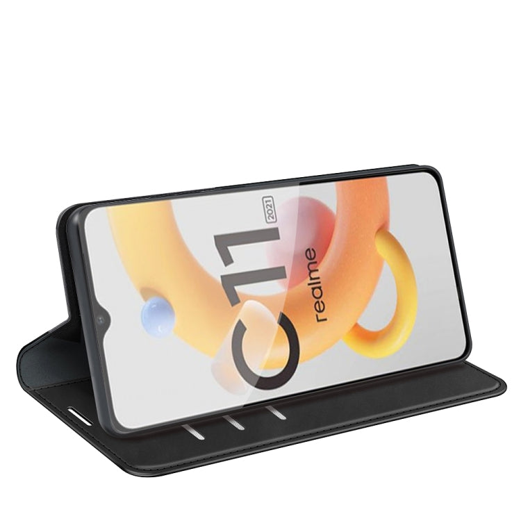 Per OPPO Realme C11 2021 Custodia in pelle con ventosa magnetica per affari retro-pelle con supporto e slot per carte e portafoglio