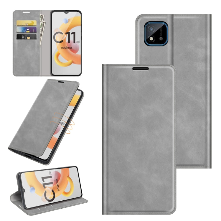Per OPPO Realme C11 2021 Custodia in pelle con ventosa magnetica per affari retro-pelle con supporto e slot per carte e portafoglio