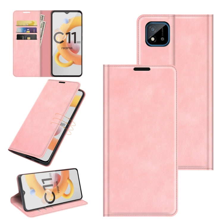Per OPPO Realme C11 2021 Custodia in pelle con ventosa magnetica per affari retro-pelle con supporto e slot per carte e portafoglio
