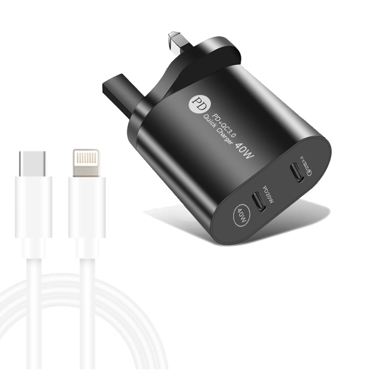 002 Caricabatterie rapido PD / Type-C a doppia porta da 40 W con cavo dati da USB-C a 8 pin, spina UK, UK Plug + Type-C to 8 Pin Cable