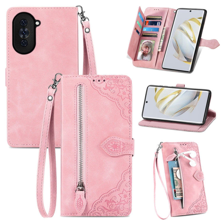 Per Huawei Nova 10 custodia in pelle con cerniera fiore in rilievo, For Huawei Nova 10