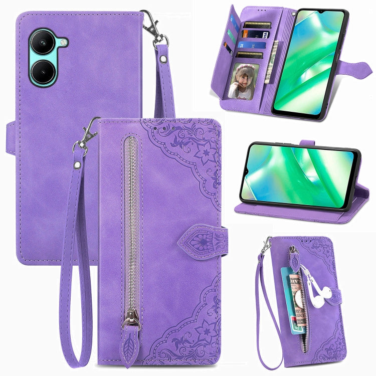 Per Realme C33 custodia in pelle con cerniera fiore in rilievo, For Realme C33