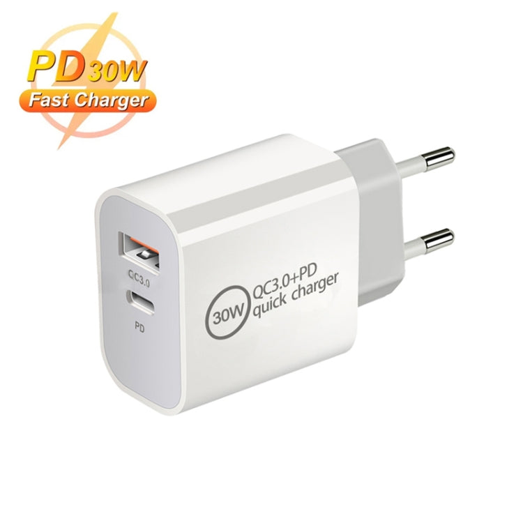 Caricatore a doppia porta USB PD30W USB-C / Type-C + QC3.0 con cavo dati da USB a 8 pin da 1 m, EU Plug, US Plug, AU Plug
