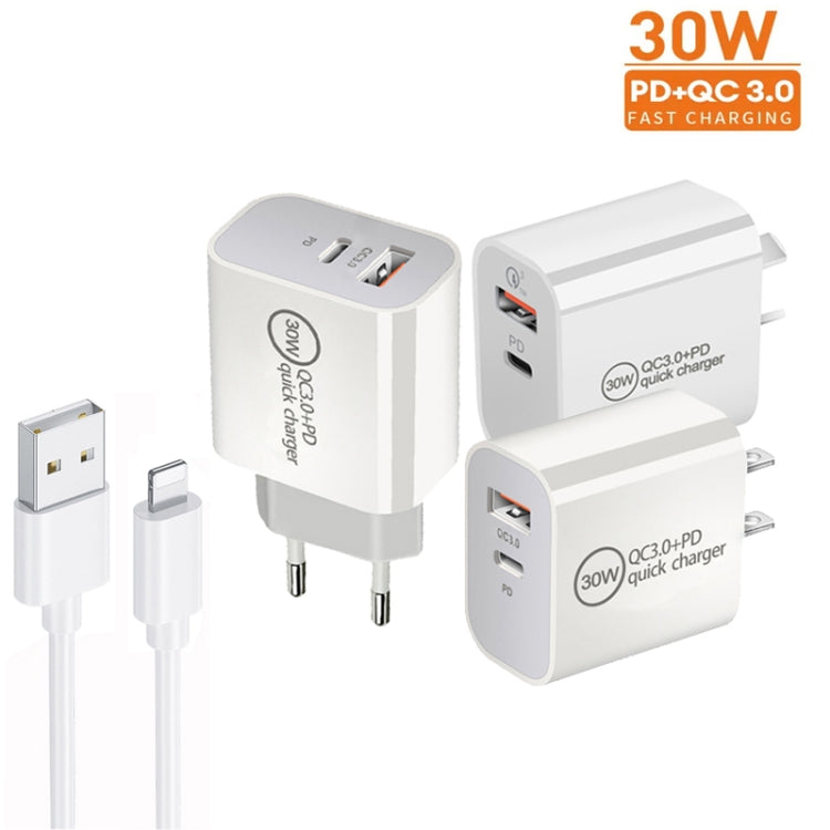 Caricatore a doppia porta USB PD30W USB-C / Type-C + QC3.0 con cavo dati da USB a 8 pin da 1 m, EU Plug, US Plug, AU Plug