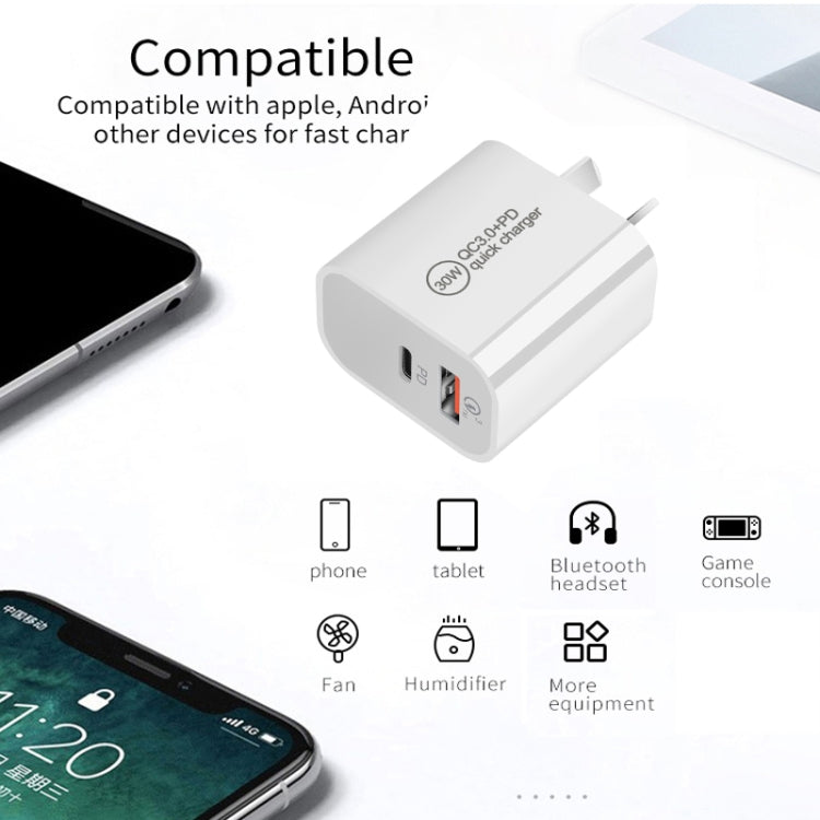 Caricatore a doppia porta USB PD30W USB-C / Type-C + QC3.0 con cavo dati da USB a 8 pin da 1 m, EU Plug, US Plug, AU Plug