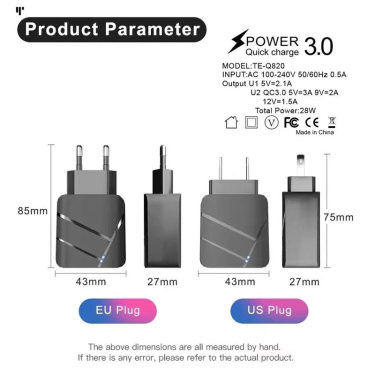 Caricabatterie doppio USB QC3.0 28W con presa europea