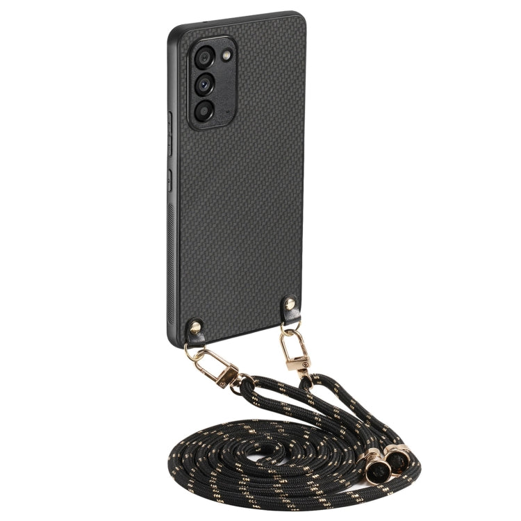 Custodia per telefono con retro in pelle e trama in fibra di carbonio per