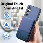 Custodia per cellulare con apertura verticale in tessuto twill e pelle con