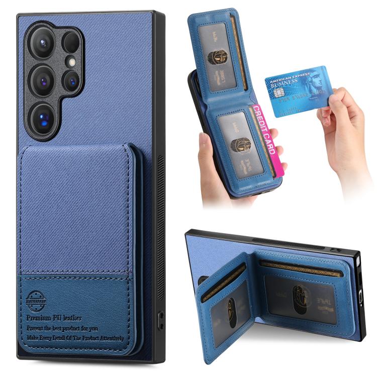 Custodia per cellulare con apertura verticale in tessuto twill e pelle con