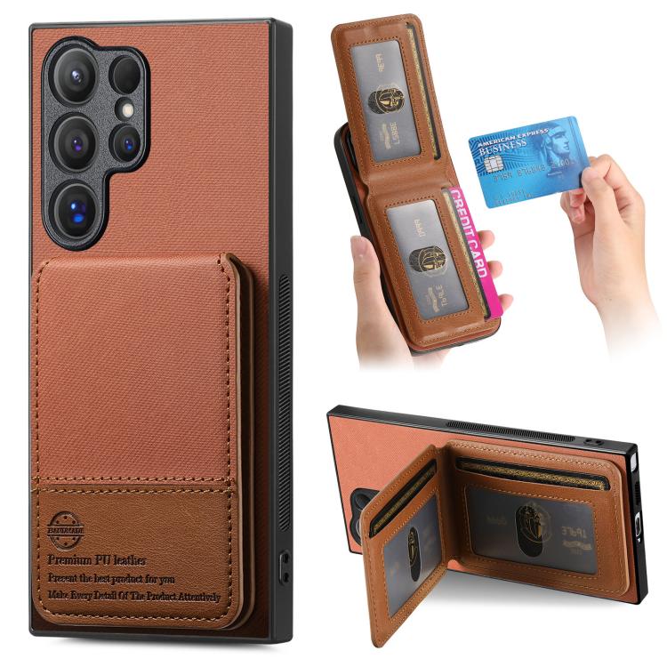 Custodia per cellulare con apertura verticale in tessuto twill e pelle con