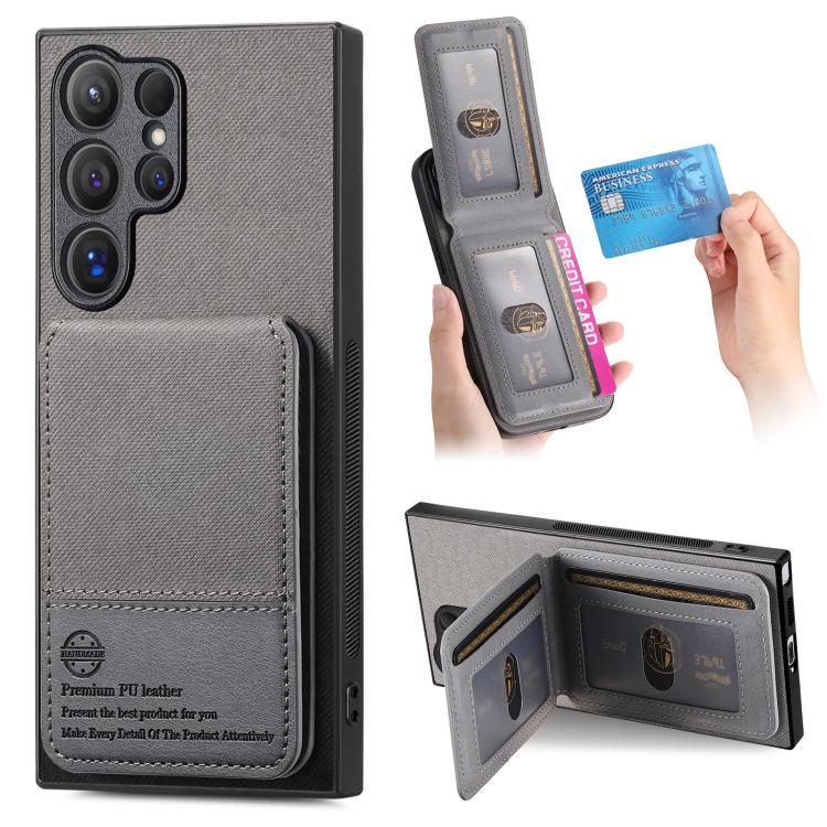 Custodia per cellulare con apertura verticale in tessuto twill e pelle con
