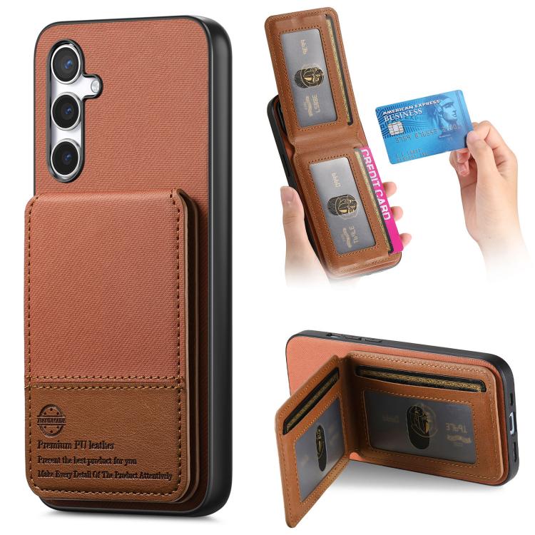 Custodia per cellulare con apertura verticale in tessuto twill e pelle con
