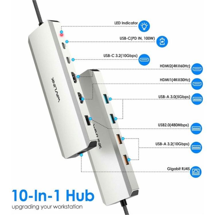 Docking Station WAVLINK 10 in 1 USB-C PD 100W Dual HD