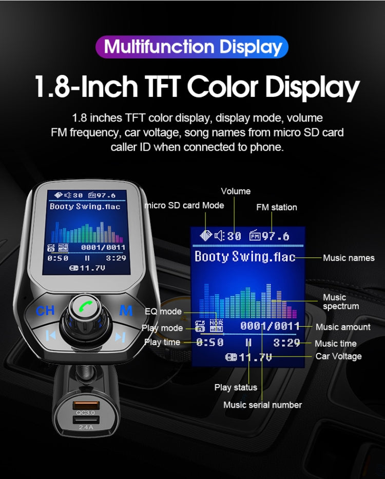Lettore Bluetooth Auto T43 con Schermo a Colori e Ricarica QC3.0